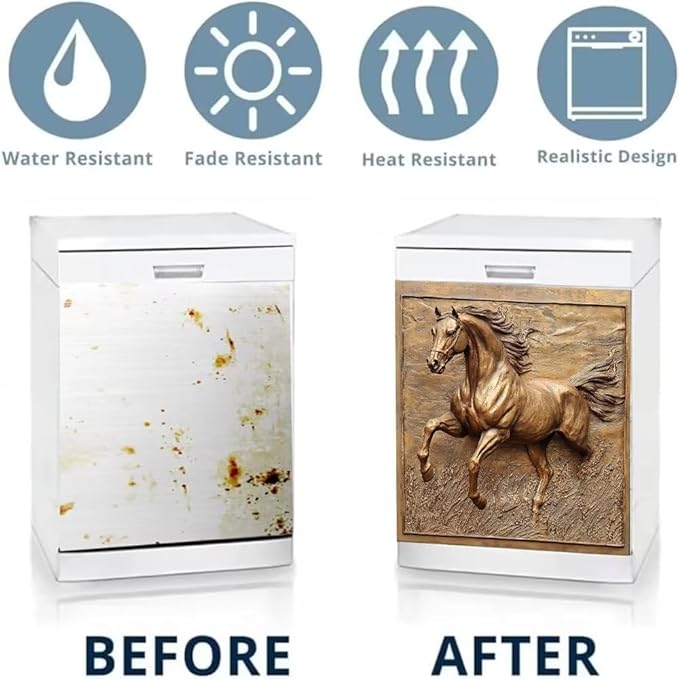 Dishwasher Magnet Cover, Bronze Gold Running Horse Refrigerator Magnetic Vinyl Sticker for Dishwasher Door, Metal Horse Decorative Kitchen Appliance Panel Decal, 23Wx26H Inches