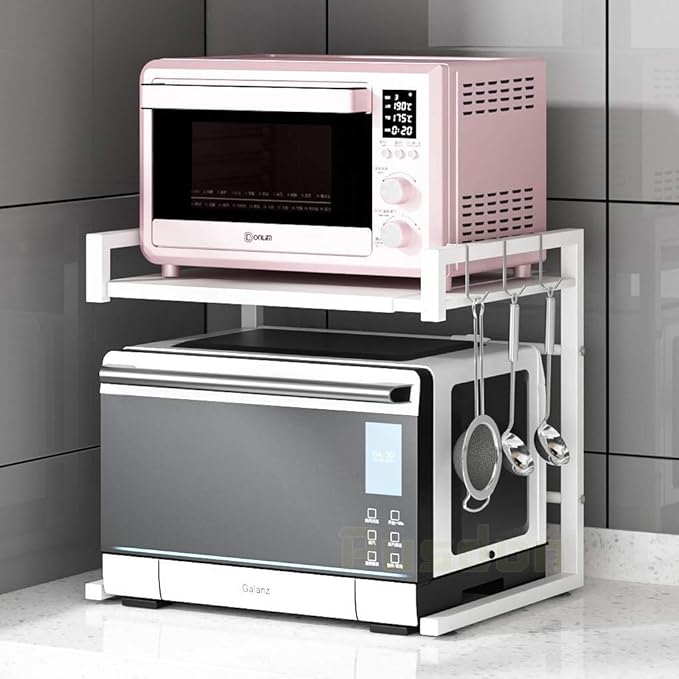 PUSDON Adjustable Carbon Steel Microwave Oven Rack, 2-Tier with 3 Hooks, 55lbs Weight Capacity, White