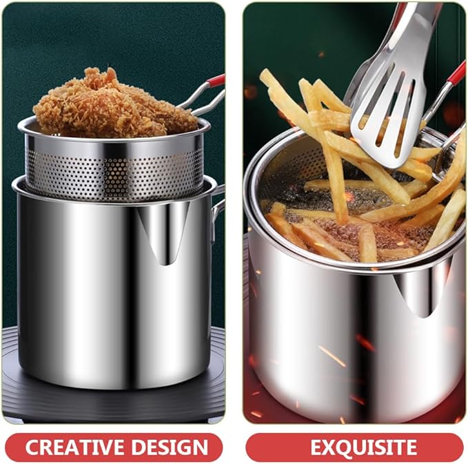 Cabilock Deep Fryer with Basket 4.7 Inch Compact Frying Pot with Perforated Strainer for French Fries Fish Shrimp Chicken Wings Kitchen Appliance