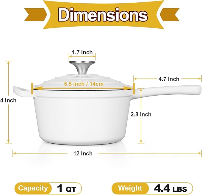 HaSteeL 1 QT Cast Iron Saucepan, Mini Enamel dutch oven with lid, Small Non Stick Pan for Milk, Pasta Tomato Sauce, Butter, Breakfast, Soup, Suitable for Boiling Stewing Frying, Easy to Clean, White