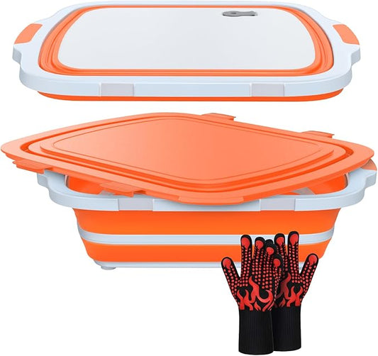 XL Collapsible BBQ Prep Tub with Cutting Board & Drain Plug – Portable Food Prep Station for Kitchen, Camping & Grill – Dishwasher Safe, Space-Saving Design – (Orange)