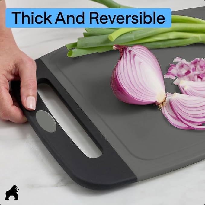 GORILLA GRIP BPA-Free Reversible Kitchen Cutting Board Set of 3, US Designed, Nonporous, Juice Grooves Catch Liquid, Slip Resistant Border, Dishwasher Safe, Durable Food Chopping Boards, Gray Black