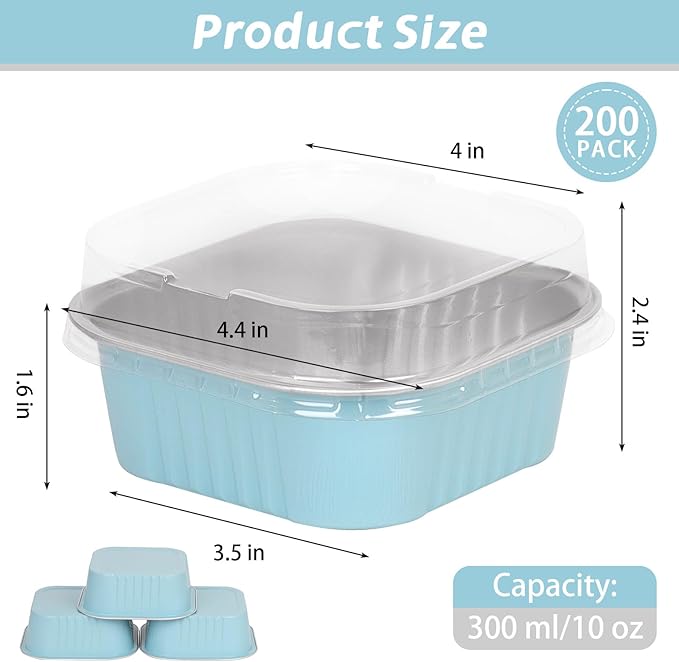 200 Pack 10 oz Square Mini Cake Pans with Lids, Disposable Aluminum Foil Baking Cups, Mini Ramekins for Brownies, Cupcakes, Cheesecake, Individual Desserts, Christmas Parties & Catering (Blue)