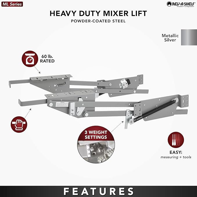 Rev-A-Shelf Heavy-Duty Stand Mixer Lift for Kitchen Base Cabinets, Zinc - Spring-Loaded Lifting System for Small Countertop Appliance Storage, RAS-ML-HDCR