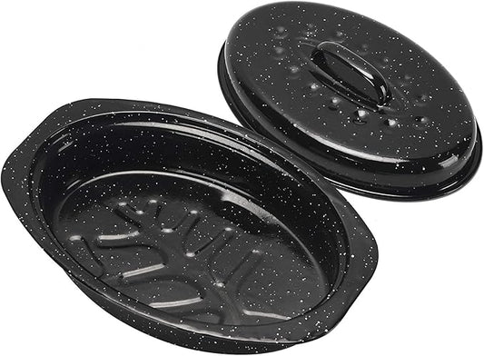 13 Inch Small Roasting Pan with Lid - Covered Oval Roaster - Enamel Carbon Steel Roaster Pot - Excellent Heat Distribution and Non-sticky - for Turkey Chicken Meat & Vegetables