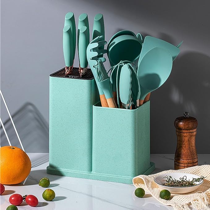 19 Pieces Kitchen Utensils and Knife Set with Block, Inldued 9 Pieces Silicone Cooking Utensils Set 5 Pieces Sharp Stainless Steel Chef Knives Scissors Whisk Tongs and Cutting Board (TEAL)