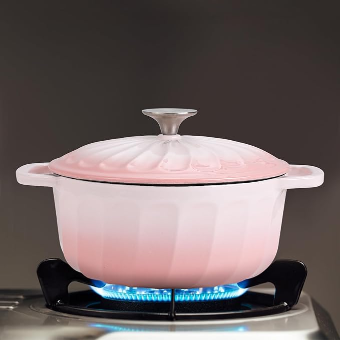 Enameled Cast Iron Dutch Oven Pot with Lid, 3 QT Dutch Oven for Bread Baking, Heavy Duty Cast Iron Pot for Braising, Cook, Bake, Oven Safe across All Cooktops (Gradient Pink,3 QT)