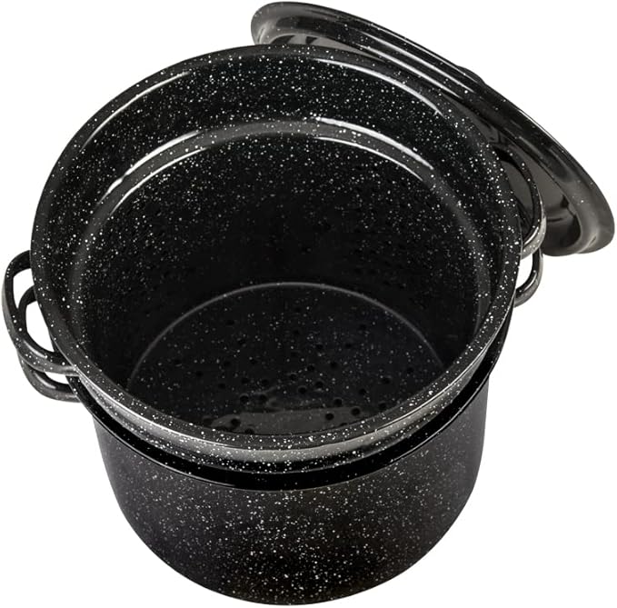 Granite Ware 7.5 Qt 3 Piece Multiuse Pasta Pot Set, Strainer Pot with lid. (Speckled Black) Seafood, Soups, Sauce, Large Capacity. Easy to Clean. Dishwasher Safe.