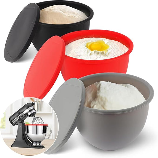 Silicone Mixing Bowl Liners Attachments Compatible with 5 Quart KitchenAid Mixers, Includes 3 Liners and Lids, Dishwasher Safe