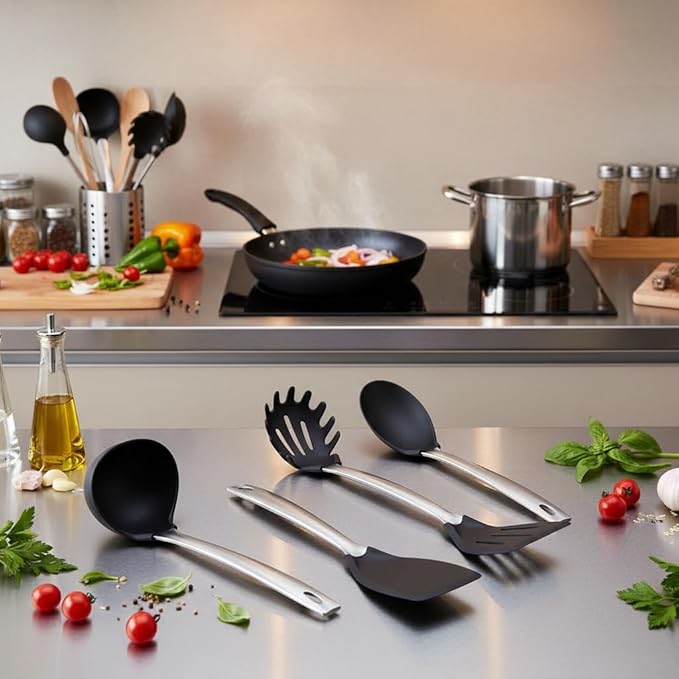 Amco 6-Piece Nylon Utensil Set - Heat-Resistant with Stainless Steel Handles - BPA-Free, Safe for Non-Stick Cookware - Dishwasher Safe Cooking Tools, Kitchen Essentials for Home & Restaurant Use
