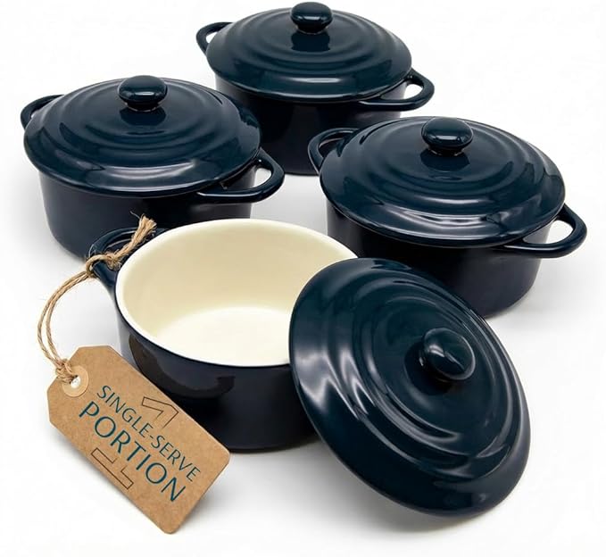 Kook Ceramic Mini Cocotte Set, Small Casserole Dishes with Lids and Handles, Individual Baking Ramekins, Oven safe 500F, Microwave & Dishwasher Safe, Stoneware, 12 oz, Set of 4, (Navy)