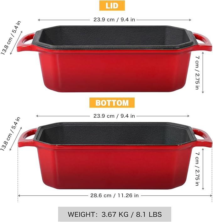 Bread Pan Cast Iron Loaf Pan with Lid Bread Loaf Pan 8.5x4.5 Inch Loaf Pan Enameled Cast Iron Sourdough Loaf Pan, Red