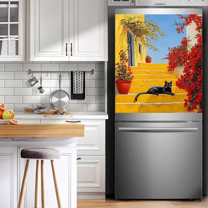 Black Cat Dishwasher Magnet Cover, Mediterranean Yellow Stairs Refrigerator Magnetic Vinyl Sticker for Dishwasher Door, Flowers Decorative Kitchen Appliance Panel Decal, 23Wx26H Inches