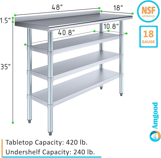 AmGood Stainless Steel Work Table with 1.5" Backsplash and 3 Shelves | Metal Kitchen Food Prep Table | NSF (48" Long x 18" Deep)