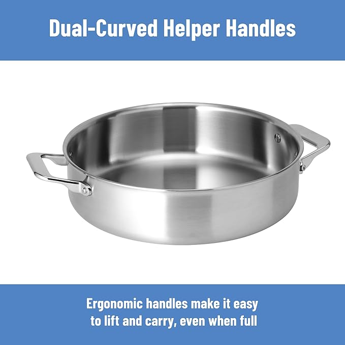 Misen 5-Ply Stainless Steel 6QT Rondeau – Wide, Flat Cooking Surface - Even Heating, Perfect Searing - Durable, Versatile Cookware – Oven-Safe to 800F, Induction Compatible