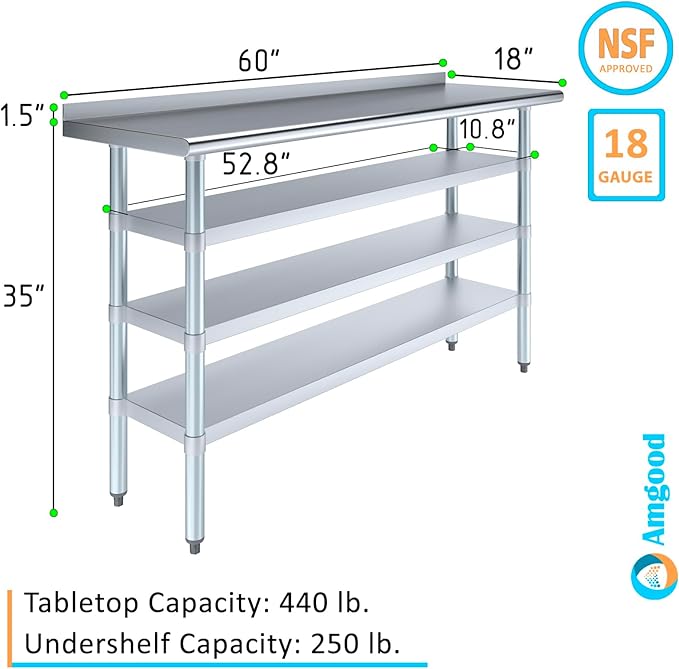 AmGood Stainless Steel Work Table with 1.5" Backsplash and 3 Shelves | Metal Kitchen Food Prep Table | NSF (60" Long x 18" Deep)