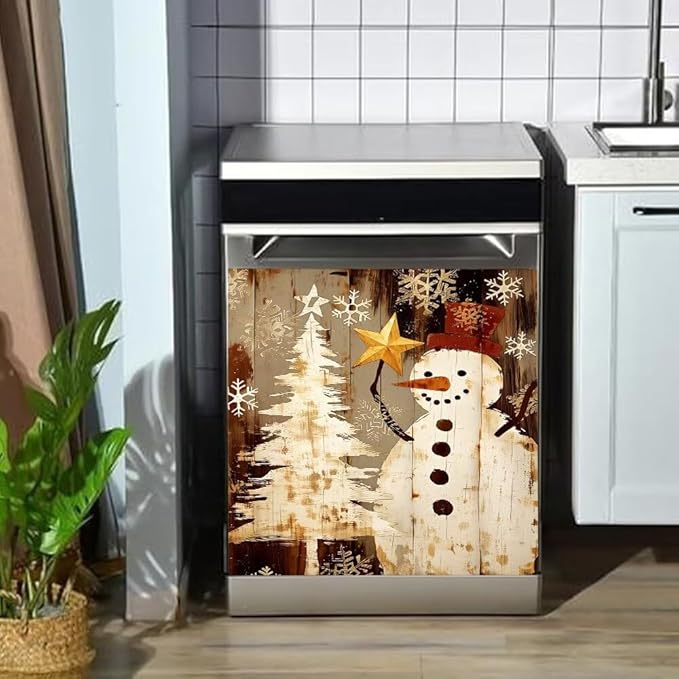 Christmas Snowman Dishwasher Magnet Cover, Rustic Winter Holiday Theme Refrigerator Magnetic Vinyl Sticker for Dishwasher Door, Decorative Kitchen Appliance Panel Decal, 23Wx26H Inches