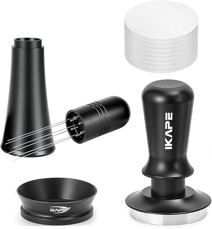 IKAPE 58mm Espresso Tamper Kit 4 in 1 Black, Complete Portafilter accessory set, Coffee Tamper, WDT Tool, Paper Filters (200pc), Dosing Funnel for 58 mm Portafilters