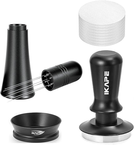 IKAPE 58mm Espresso Tamper Kit 4 in 1 Black, Complete Portafilter accessory set, Coffee Tamper, WDT Tool, Paper Filters (200pc), Dosing Funnel for 58 mm Portafilters
