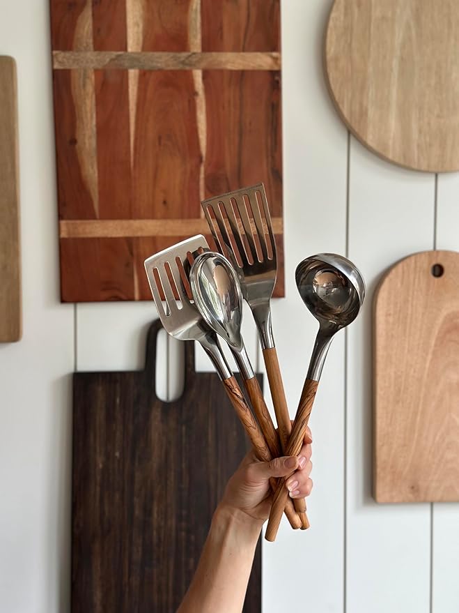 Premium Cooking Utensil Set – Salt & York 4-Piece Olive Wood and Stainless Steel Non-toxic Kitchen Tools with Handcrafted Wooden Handles – Spatula, Ladle, Spoon – Gift for Home Cooks, Kitchen Gift
