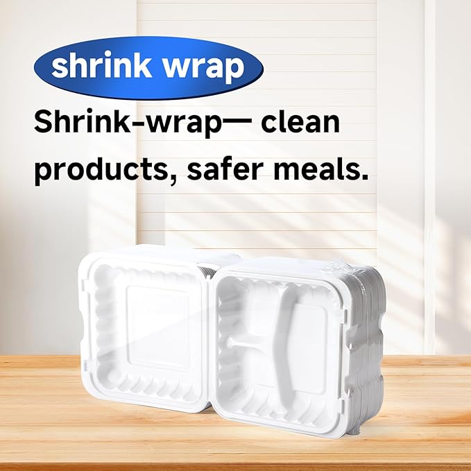 Food Containers 8" 34 oz 55 Pack - Mineral Filled PP Plastic 3 Compartment | Shrink Wrapped Food Grade BPA Free Clamshell | Reusable Dishwasher & Microwave Safe | White Commercial To Go Boxes
