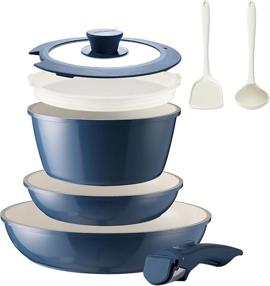 8PCS Ceramic Cookware,Nonstick Pan, Removable Handle Ceramic Pots and Pans Set, Stackable Set, Nonstick Pan Pots and Pans Set Non Stick pot(Blue)