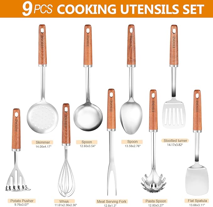 9PCS Cooking Utensils Set, 18/10 Stainless Steel Kitchen Utensils with Wooden Hanlde, Metal Cooking Utensils Set, Spatula, Ladle, Skimmer, Spaghetti Spoon, Potato Masher, Easy To Clean