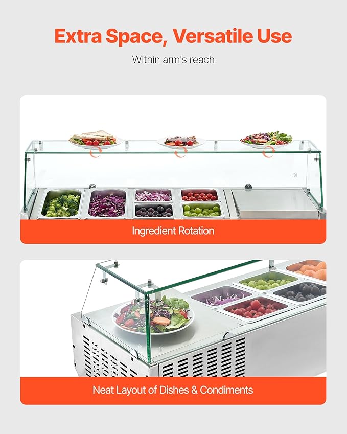 VEVOR Refrigerated Condiment Prep Station, 130 W Countertop Refrigerated Condiment Station, with Two 1/3 Pans & Four 1/6 Pans, 304 Stainless Body and PC Lid, Sandwich Prep Table with Glass Guard
