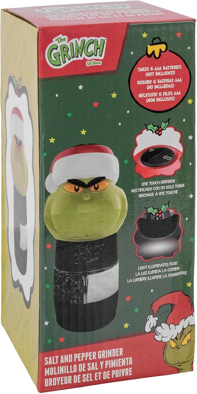 Uncanny Brands Dr. Suess The Grinch Salt and Pepper Grinder – Dual Chamber Electric Mill with Adjustable Coarseness and LED Light – Battery Powered