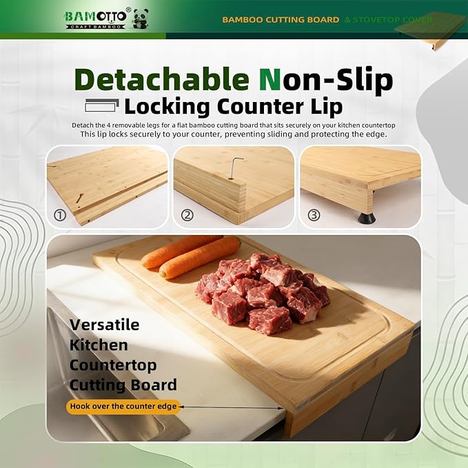 12.6 x 22 Inch Bamboo Cutting Board, Over-the-Sink and Stovetop Cover Board with Detachable Legs & Front Lip, Space Saving Countertop Board