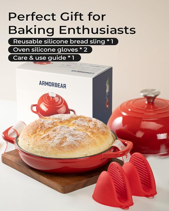Dutch Oven for Bread Baking-5QT Cast Iron Sourdough Dutch Oven Pot with Lid, Enameled Round Cast Iron Bread Pot with Dome Lid for Homemade, Gifts for Sourdough Bakers, Red