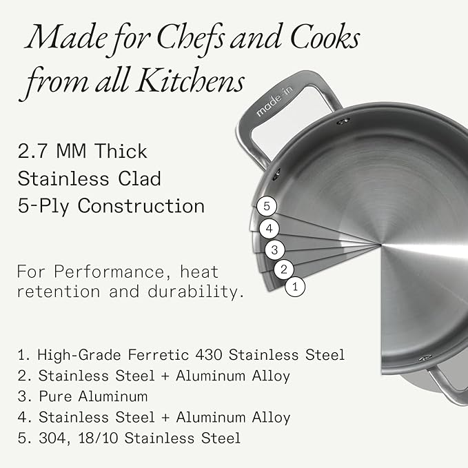 Made In Cookware - 8 Quart Stainless Steel Stock Pot With Lid - 5 Ply Stainless Clad - Professional Cookware - Crafted in Italy - Induction Compatible