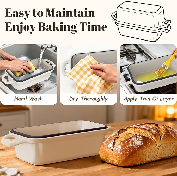 Enameled Cast Iron Sourdough Bread Dutch Oven, Cast Iron Loaf Bread Pan for Homemade Bread Baking, 2PCS 9 x 5Inch Meatloaf Pan with Lid, Oven Safe, Cream