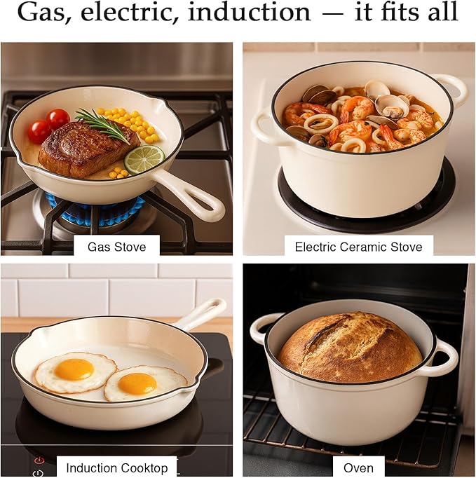 QuliMetal Nonstick Enameled Cast Iron Cookware Set, 4-Pcs Pots and Pans with Lid, Healthy Round Dutch Oven Pot for Sourdough Bread Baking, Oven Safe up to 500° F or on All Stovetop