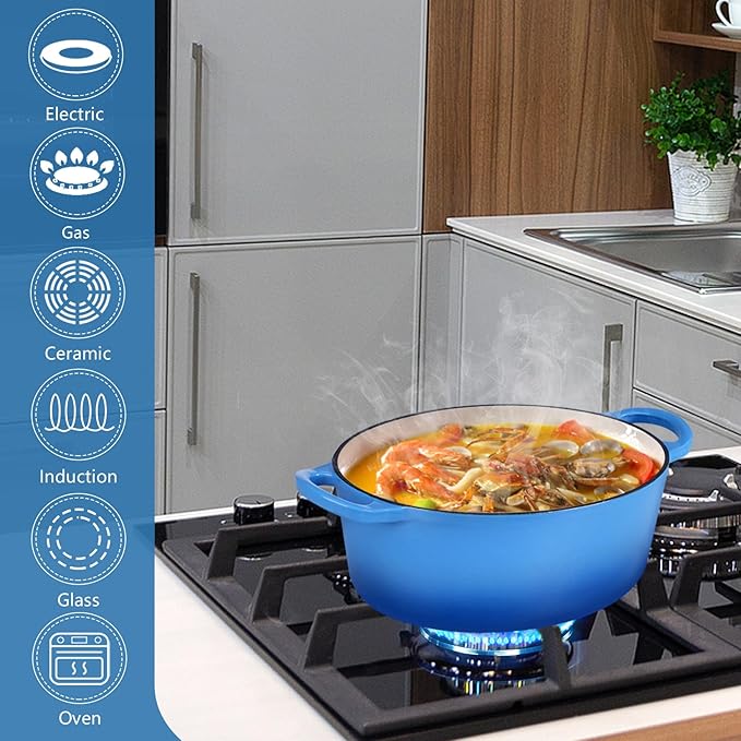 P&P CHEF Oval Dutch Oven with Lid, Enameled Cast Dutch Oven Pot for Bread Baking, Braising, Stewing, Roasting, Non-Stick & Oven Safe, Dual Handles & Easy Clean, 5QT & Blue, Valentine's Day