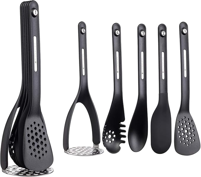 KitchenCraft MasterClass Smart Space Nesting Magnetic Kitchen Utensil Set, Silicone, Black, 9 x 9 x 30 cm, Pack of 5