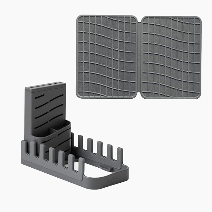 Dorai Home Collapsible Dish Drying Rack and Stone Dish Pad – Large Foldable Drying Rack with Instant - Dry Stone Mat –Space-Saving Drainer Rack for Kitchen Counter - 24.6" x 16.5", Slate