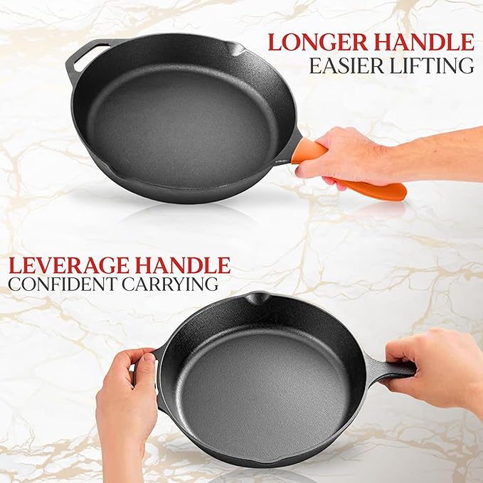NutriChef 10" & 12" Pre-Seasoned Cast Iron Pans - Durable Nonstick Skillets, Cool-Touch Silicone Handle, For Oven, Grill & All Stovetops