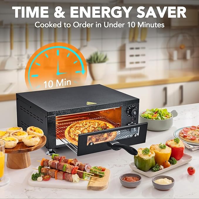 Heavy-Duty 12" Commercial Pizza Oven with visual Window，1100W Stainless Steel Chamber & Timer for Fast Food, Catering, Mall Kiosk，Countertop Electric Baking System