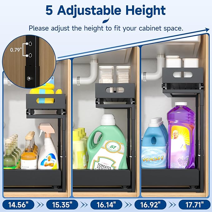 Insputer Upgrade 2 Tier Under Sink Organizer with 3 Slide Rails, Metal Under Cabinet Storage Expandable 15"-25" W & Height Adjustable, Thickened Pull Out Shelf for Bathroom, Kitchen, Laundry, Pantry