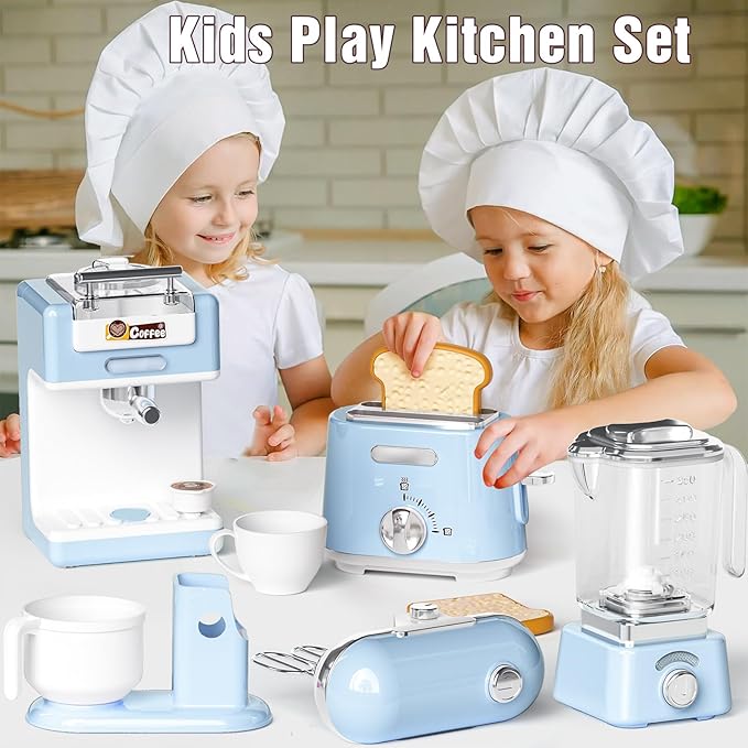 Kids Kitchen Toys Set, BPA-Free 7 Piece Pretend Play Appliances with Light Sound, Coffee Maker Blender Stand Mixer Toaster for Toddlers Ages 3 Plus, Educational Role Play Gift (Blue)