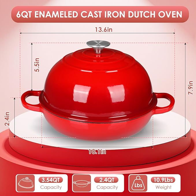 LIFERUN 6qt Enameled Cast Iron Dutch Oven for Sourdough Bread Baking, Non-Stick Dome-Shaped Bread Oven Pot with Lid, Silicone Handles and Scraper, Red