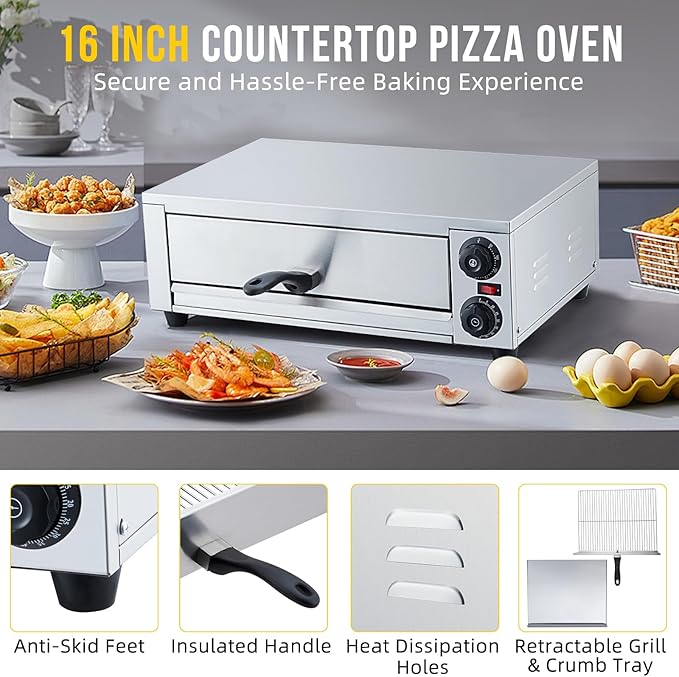 GarveeHome Electric Pizza Oven Indoor, 16 in Countertop Commercial Pizza Oven with Grilling Rack, Crumb Tray, Handle and Feet Pads, Stainless Steel Pizza Baking Machine for Home and Restaurant