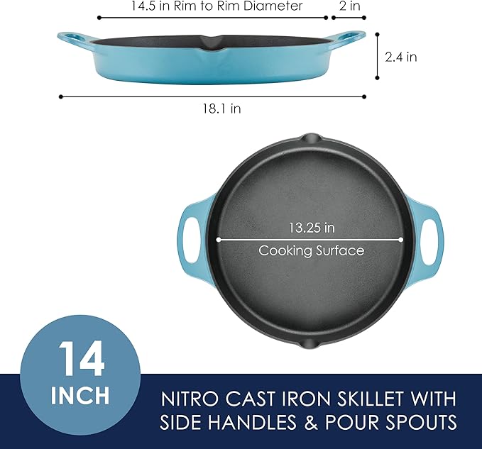 Rachael Ray Nitro Cast Iron Skillet with Side Handles, 14 inch, Agave Blue