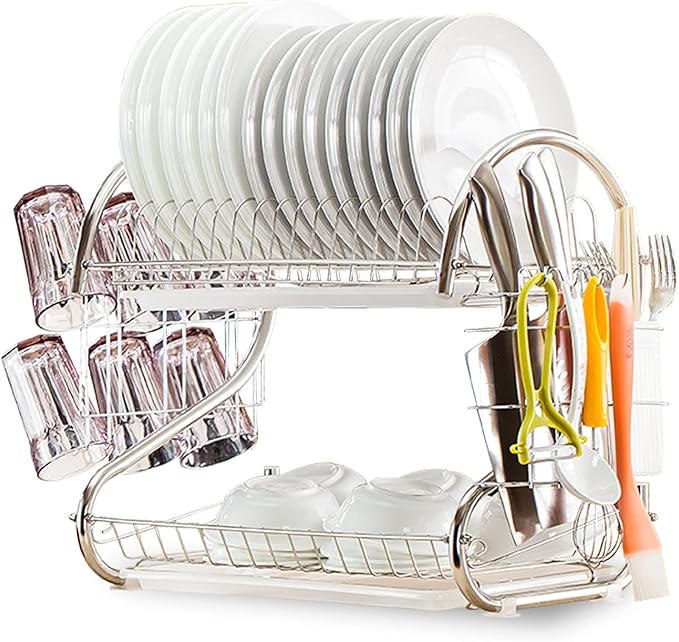 2 Tier Dish Racking System with Removable Drain Board - Sturdy Steel Kitchen Counter Organizer for Efficient Drying and Utensil Storage