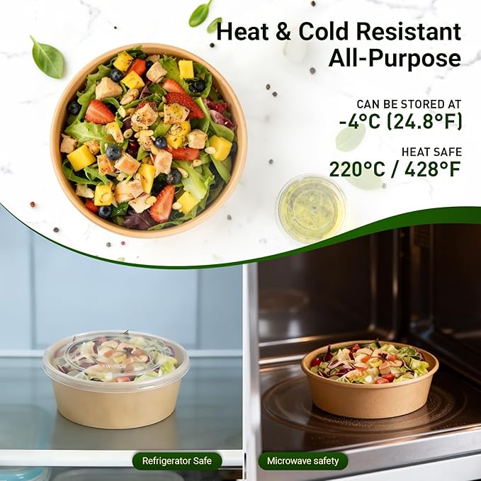 300 Pcs Disposable Round Paper Bowls with Lid 17 oz, Microwave Deli Containers Leakproof Acai Bowls, Salad Bowlwith Lid for Lunch, Disposable bowls with lids for Soup Toppings Snack Camping Family