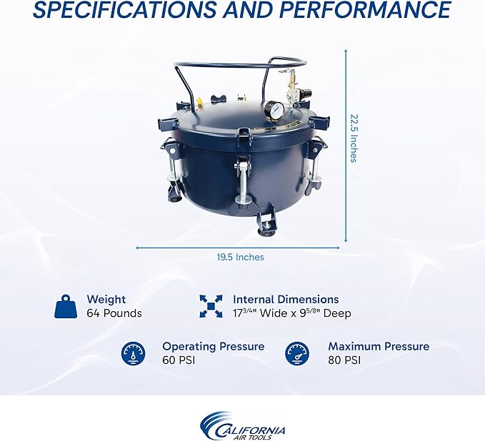 California Air Tools 1810C 10 Gallon Pressure Pot for Epoxy Resin Casting, Coated Steel Tank, Portable