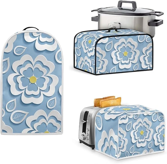 Blue Floral 2 Slice Toaster Cover Set, Bread Toaster, Blender and Slow Cooker Dust and Fingerprint Protection, Machine Washable Kitchen Decor