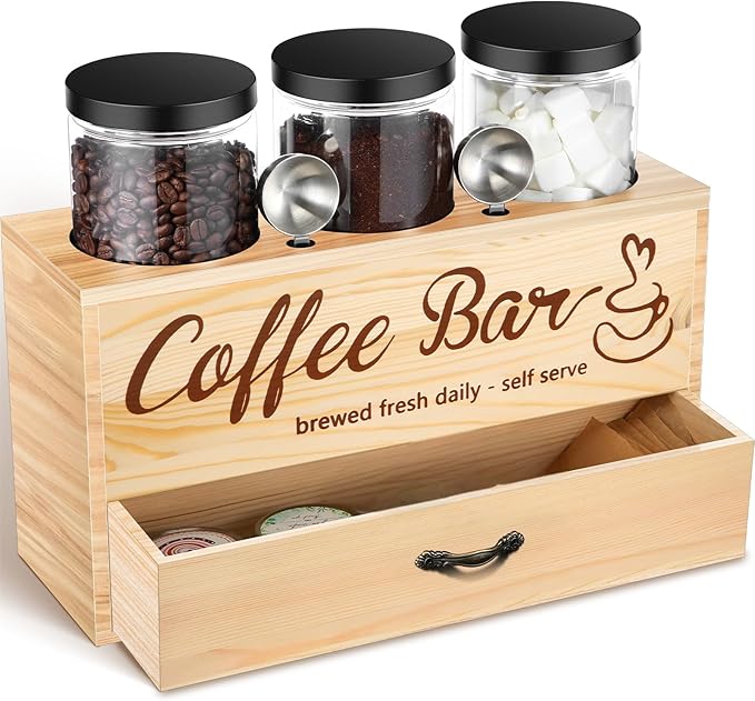 3 Pcs Coffee Canister Set with Shelf and Spoon Plastic Coffee Bean Storage Container with Lids Coffee Storage Box with Drawer Food Storage Jars for Coffee Bar Kitchen (Wood Color)