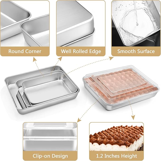 E-far Baking Pan with Lid(12.4/10.4/9.4 inch), Stainless Steel Rectangular Sheet Cake Pans with Cover, Metal Bakeware Sets for Lasagna Casseroles Brownie, Non-toxic & Dishwasher Safe - 3 Pans + 3 Lids